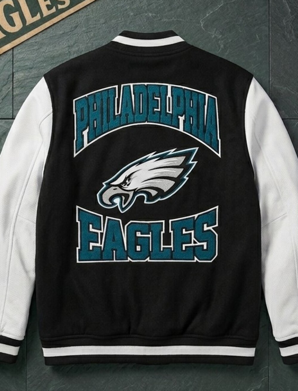 NFL Black and White Varsity Jacket with Teal Philadelphia Eagles Crest